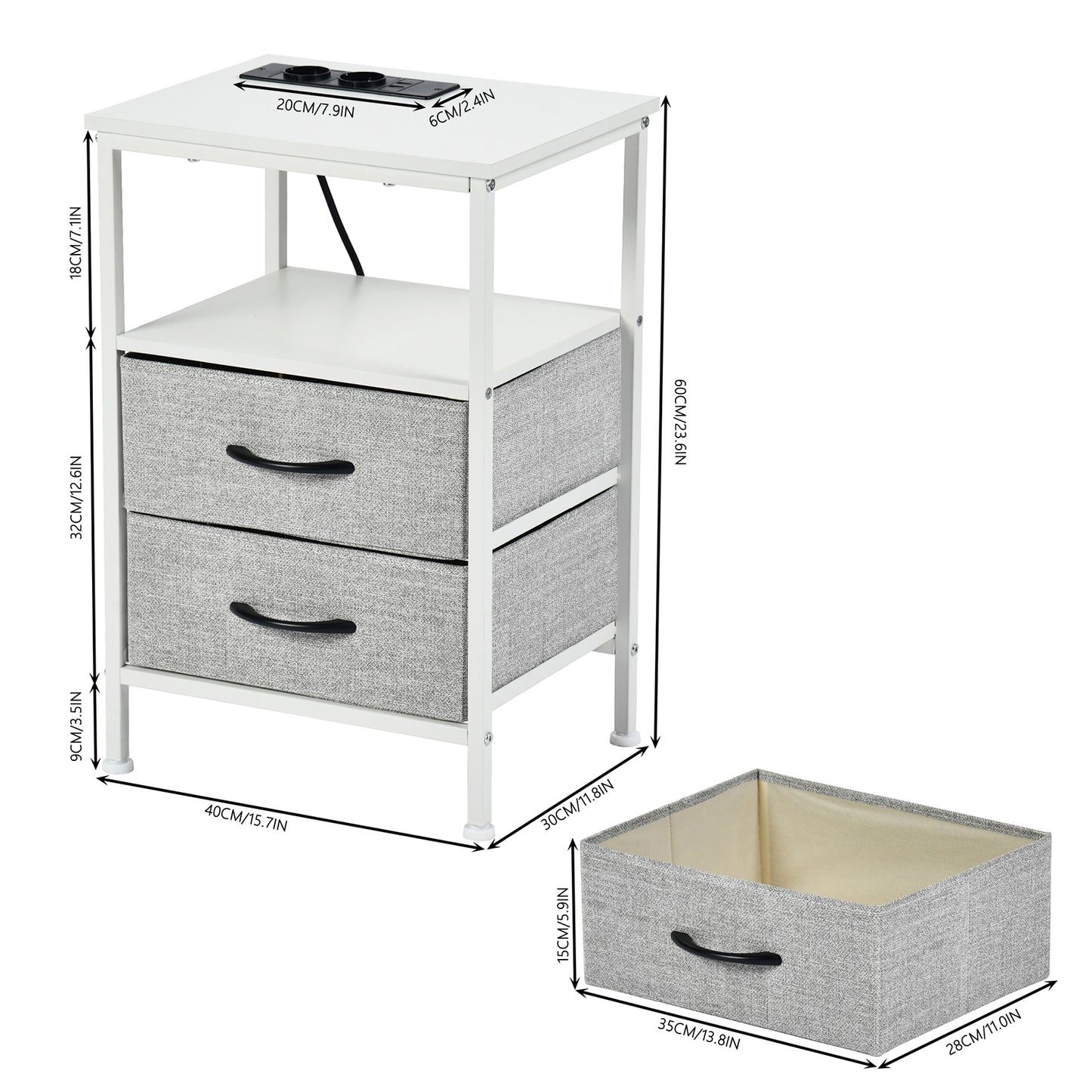 Table de Chevet avec 2 Tiroirs Tissus Table d'appoint Petit Meuble de Rangement, Avec 2 prise de courant et 2 prises USB, 40 x 30 x 60 cm--Blanc