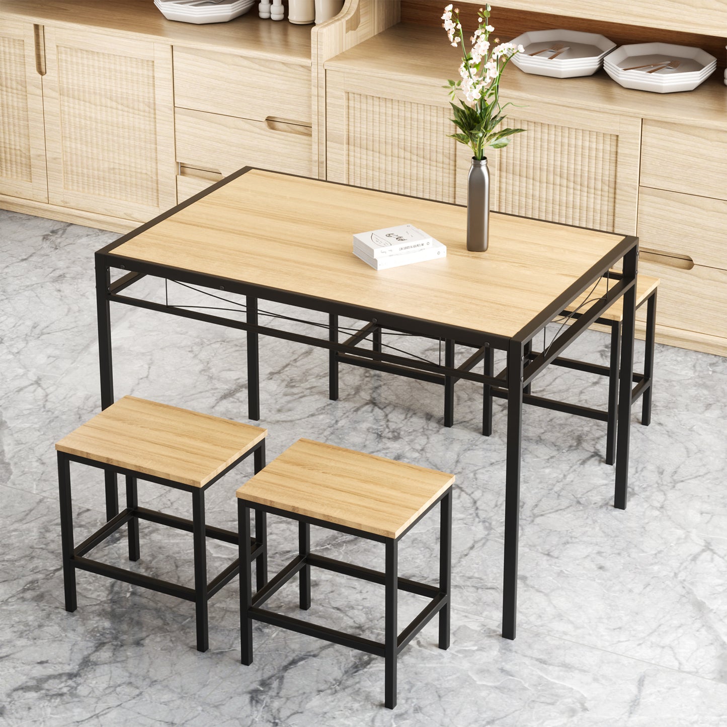 Table à Manger Rectangulaire de Style Industriel avec Plateau Effet Chêne et Pieds en Métal Noir - 110 x 70 x 75 cm
