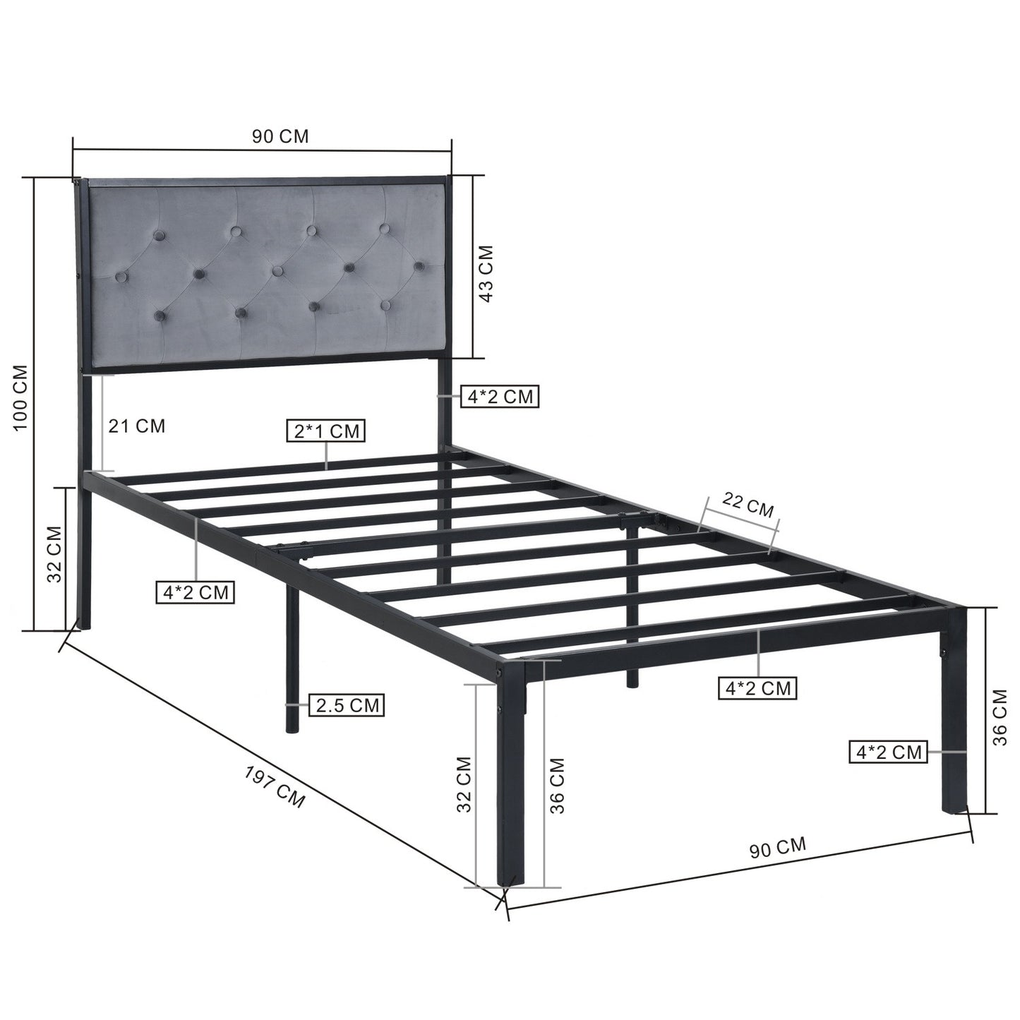 Lit simple métal - 90x190cm - Tête de lit grise - Classique