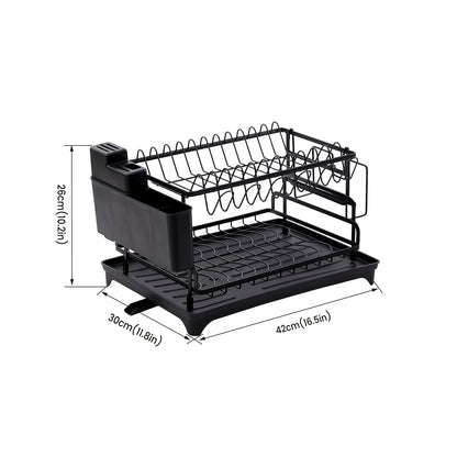 Égouttoir à Vaisselle Noir à 2 Niveaux avec Porte-Ustensiles et Bac d'Égouttement – Design Pratique et Sans Accumulation d'Eau, Séchage Rapide et Hygiénique