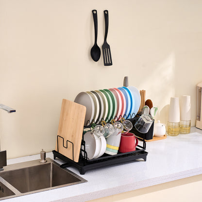 Égouttoir à Vaisselle Noir à 2 Niveaux avec Porte-Ustensiles et Bac d'Égouttement – Design Pratique et Sans Accumulation d'Eau, Séchage Rapide et Hygiénique
