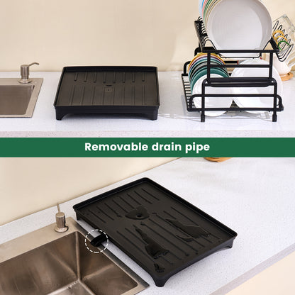 Égouttoir à Vaisselle Noir à 2 Niveaux avec Porte-Ustensiles et Bac d'Égouttement – Design Pratique et Sans Accumulation d'Eau, Séchage Rapide et Hygiénique