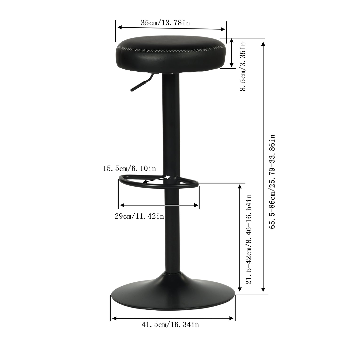 Lot de 2 tabourets de bar réglables en hauteur, pivotants à 360°, rembourrés et sans dossier, en polyuréthane noir, pour cuisine et bar