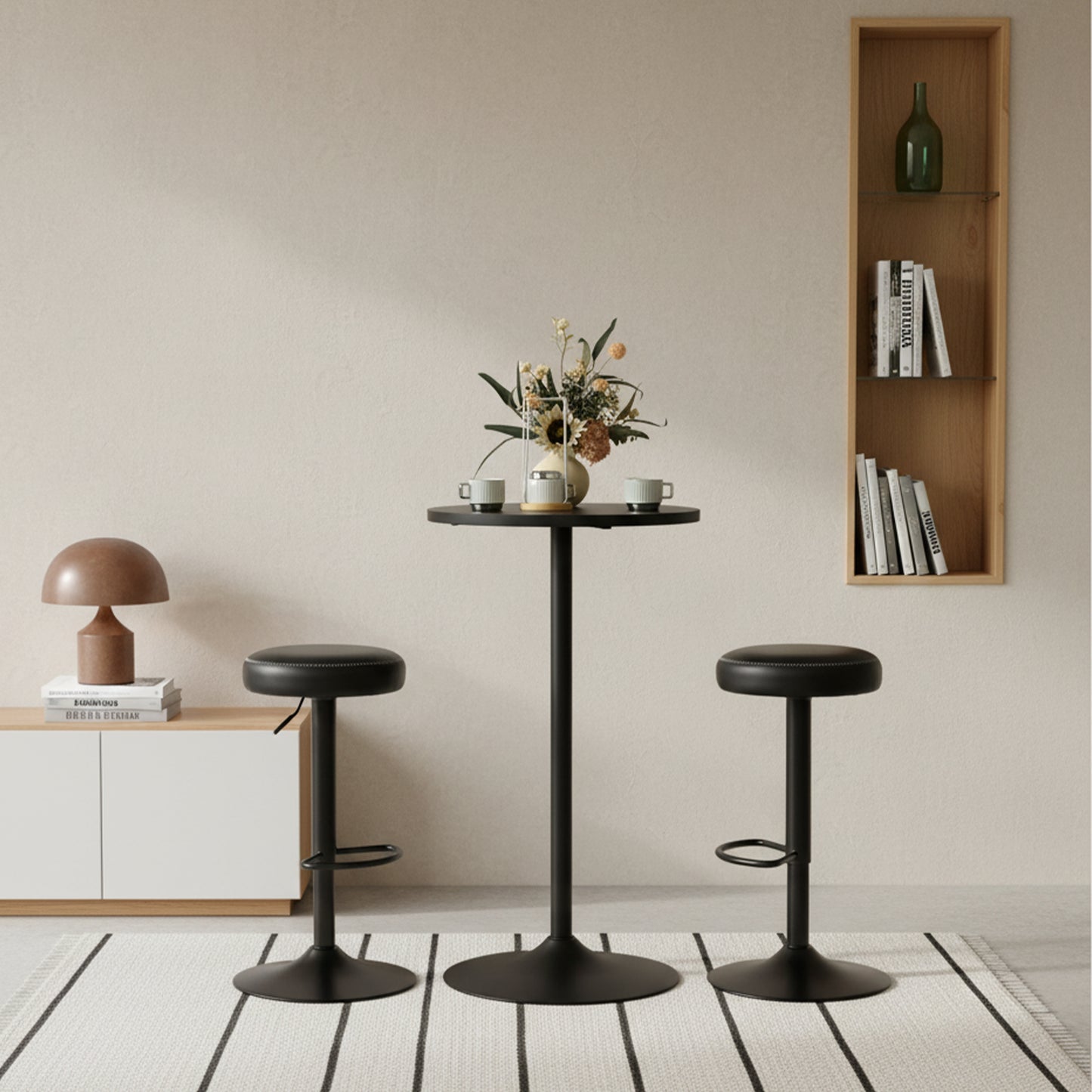 Lot de 2 tabourets de bar réglables en hauteur, pivotants à 360°, rembourrés et sans dossier, en polyuréthane noir, pour cuisine et bar