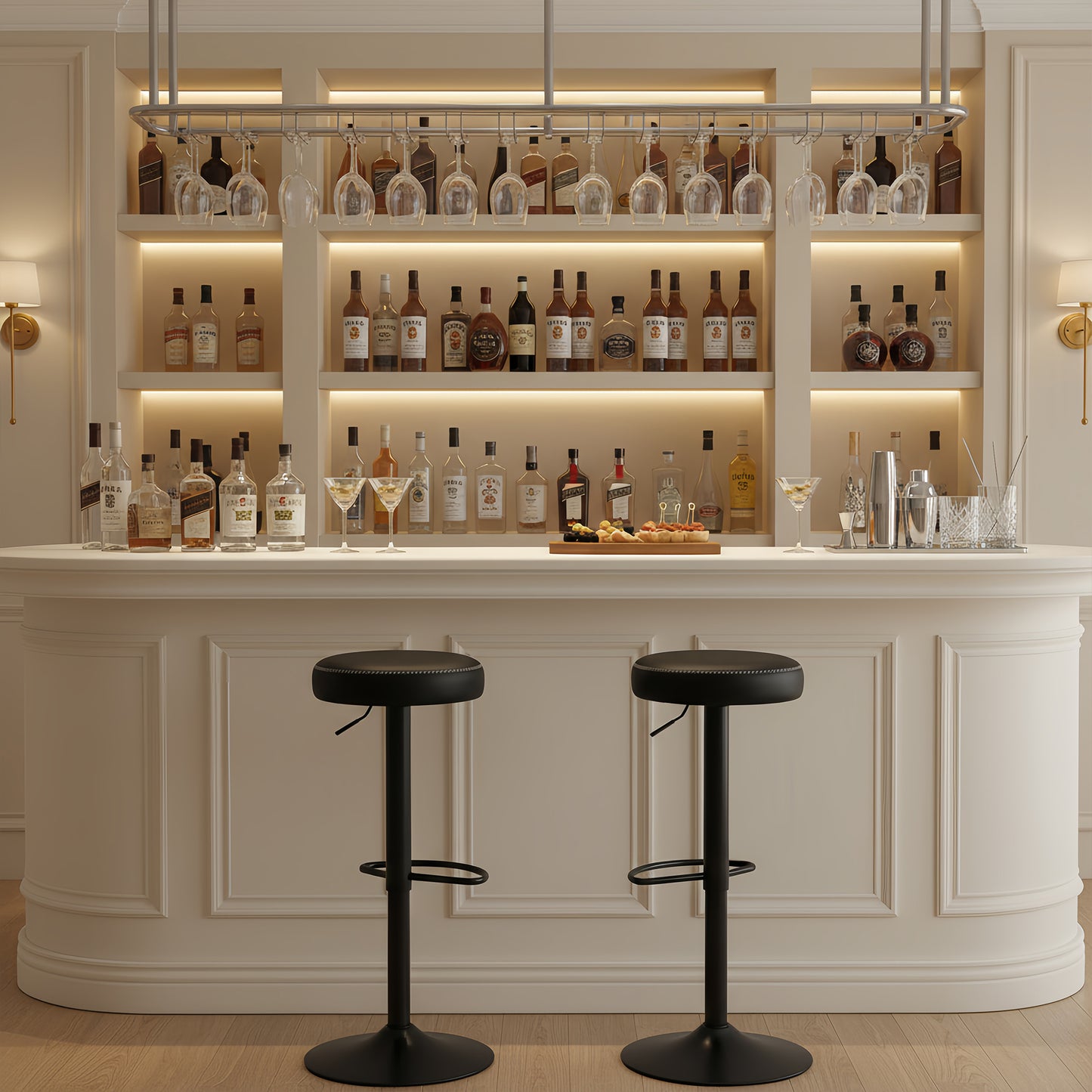 Lot de 2 tabourets de bar réglables en hauteur, pivotants à 360°, rembourrés et sans dossier, en polyuréthane noir, pour cuisine et bar