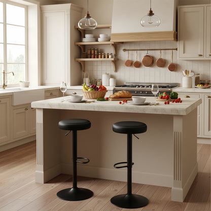 Lot de 2 tabourets de bar réglables en hauteur, pivotants à 360°, rembourrés et sans dossier, en polyuréthane noir, pour cuisine et bar