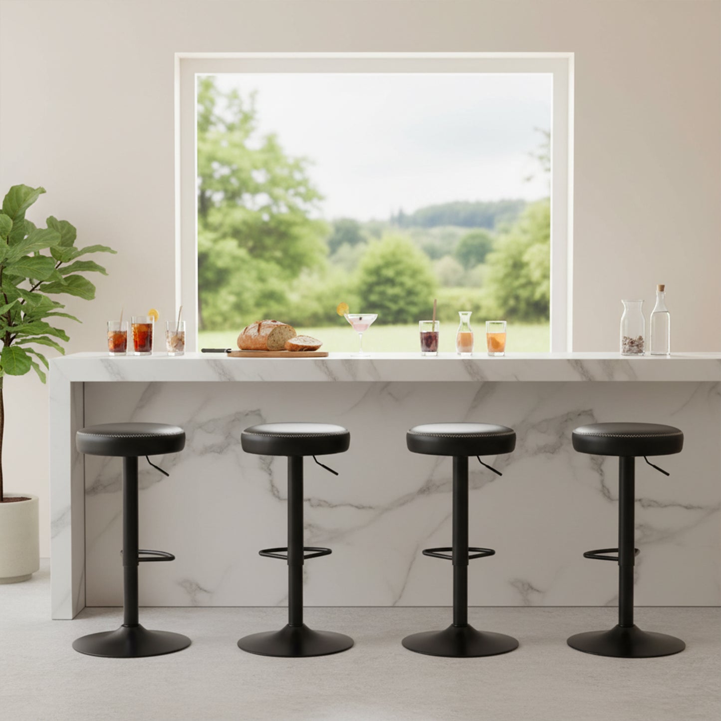 Lot de 2 tabourets de bar réglables en hauteur, pivotants à 360°, rembourrés et sans dossier, en polyuréthane noir, pour cuisine et bar