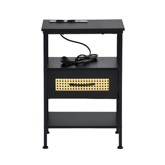 Table de chevet avec 1 tiroir en tissu, meuble d'appoint avec 1 prise de courant et 2 USB, 40 x 30 x 60 cm, noir