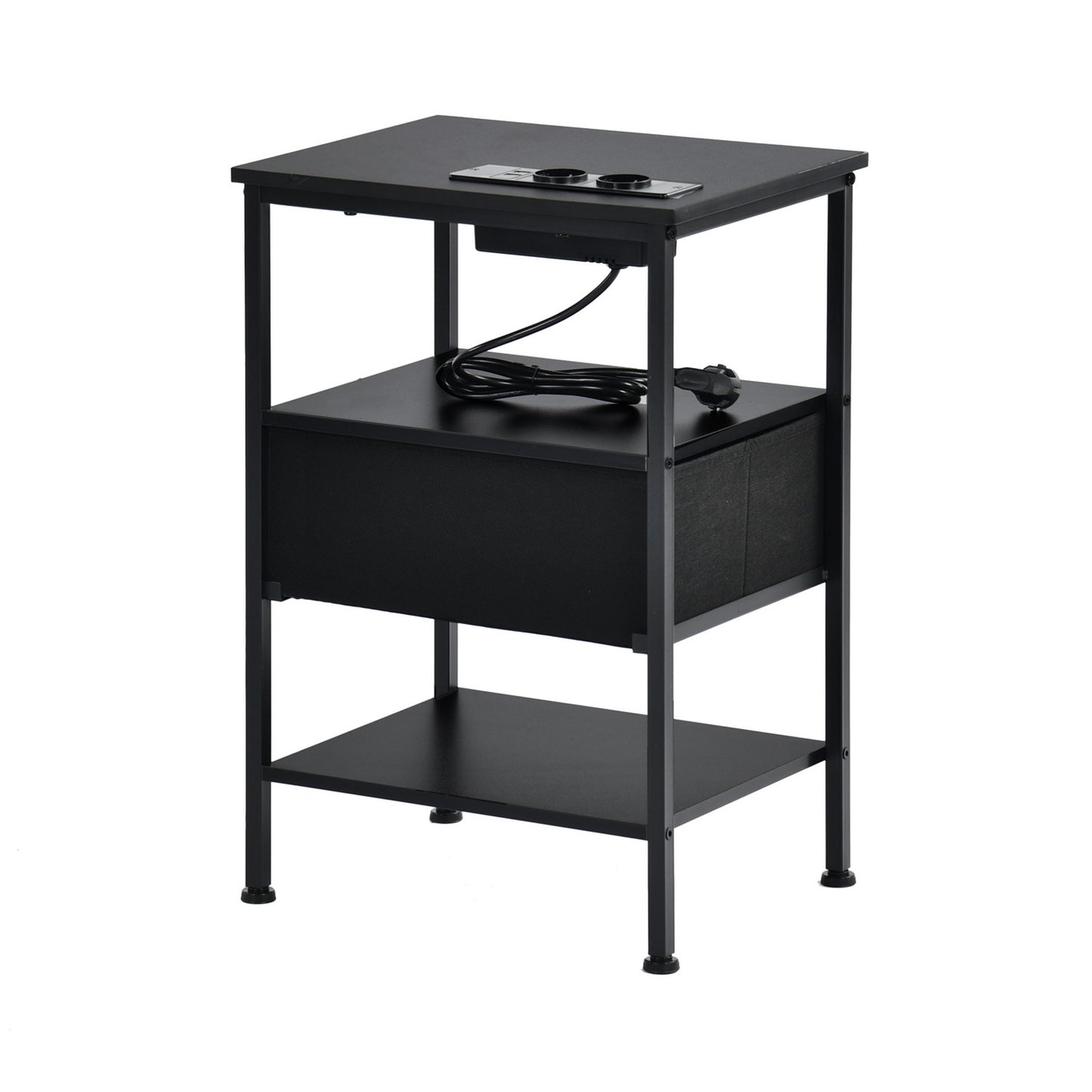 Table de Chevet avec 1 Tiroirs Tissus Table d'appoint Petit Meuble de Rangement, Avec 1 prise de courant et 2 prises USB, 40 x 30 x 60 cm--Noir