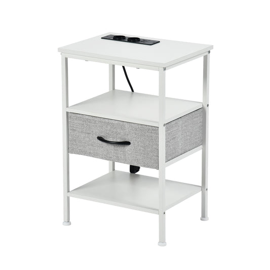 Table de chevet 1 tiroir en tissu, avec 1 prise de courant et 2 USB, 40 x 30 x 60 cm, blanc