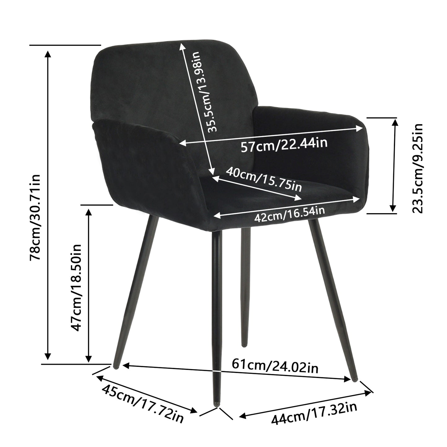 1x Chaises de Salle à Manger Scandinaves Rembourrées avec Accoudoirs Velours Chaises de Cuisine Pieds en Métal Ergonomique , Noir