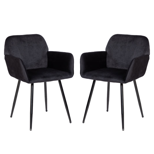 2x Chaises de Salle à Manger Scandinaves Rembourrées avec Accoudoirs Velours Chaises de Cuisine Pieds en Métal Ergonomique , Noir