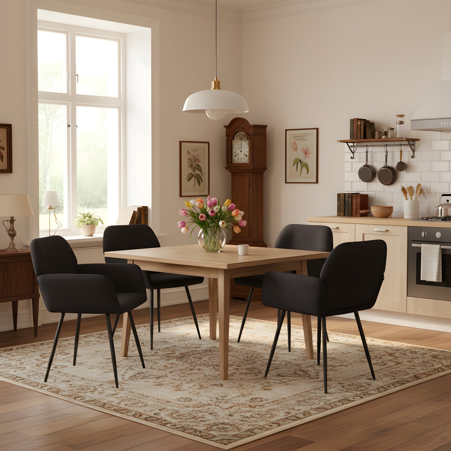 1x Chaises de Salle à Manger Scandinaves Rembourrées avec Accoudoirs Velours Chaises de Cuisine Pieds en Métal Ergonomique , Noir