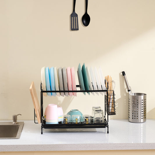 Égouttoir à Vaisselle Noir à 2 Niveaux – Design Élégant et Minimaliste avec Porte-Ustensiles et Bac d'Égouttement, Pratique et Fonctionnel pour un Séchage Efficace