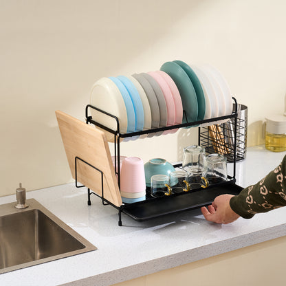 Égouttoir à Vaisselle Noir à 2 Niveaux – Design Élégant et Minimaliste avec Porte-Ustensiles et Bac d'Égouttement, Pratique et Fonctionnel pour un Séchage Efficace