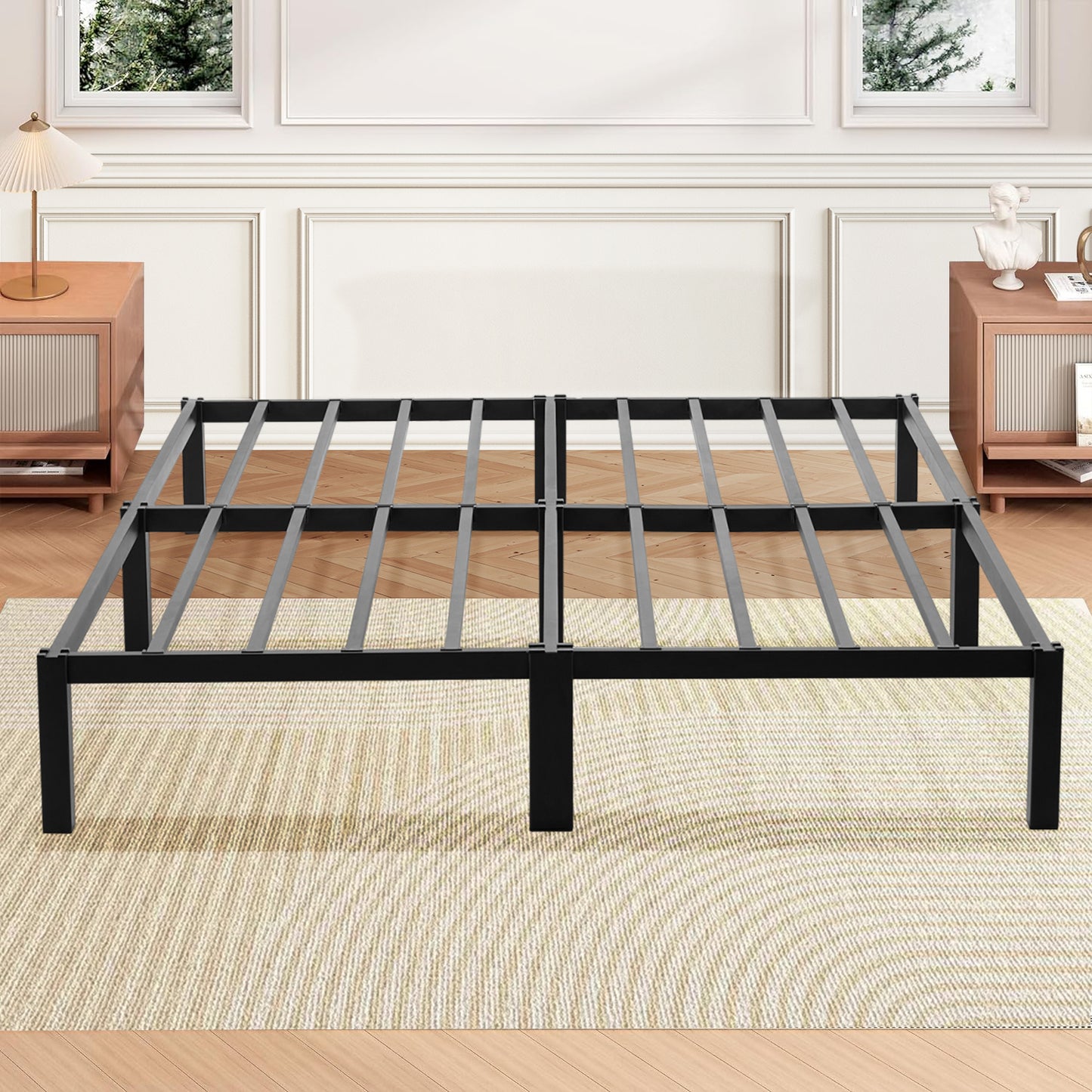140 x 190 cm Cadre de Lit en Bloc, Metal Sommier pour 2 Personnes Adulte Lit avec Sommier - Noir