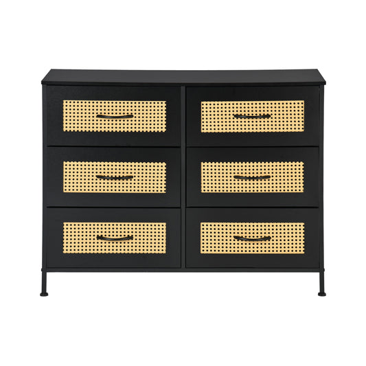 Buffet industriel 6 tiroirs, buffet 6 tiroirs en tissu non tissé, meuble de rangement pour salon, cuisine, salle à manger, 97 x 35 x 76 cm--Noir