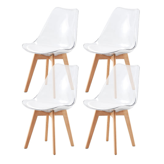 Lot de 4 chaises scandinaves avec pieds en bois de hêtre, chaises de cuisine transparentes avec coussin en cuir PU blanc