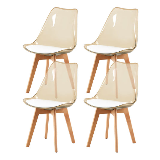 Lot de 4 chaises salle à manger avec pieds en bois de hêtre, chaises de cuisine transparentes marron avec coussin en cuir PU blanc