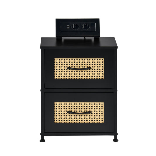 Table de chevet avec 2 tiroirs en tissu, meuble d'appoint avec 2 prises de courant et 2 USB, 40 x 30 x 51 cm, noir