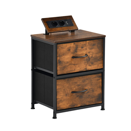 Table de chevet avec 2 tiroirs en tissu, meuble d'appoint avec 2 prises de courant et 2 USB, 40 x 30 x 51 cm, marron