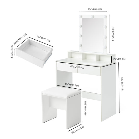 Coiffeuse avec éclairage, miroir, tabouret, 2 tiroirs et 3 compartiments ouverts, luminosité réglable, 80 cm, blanc