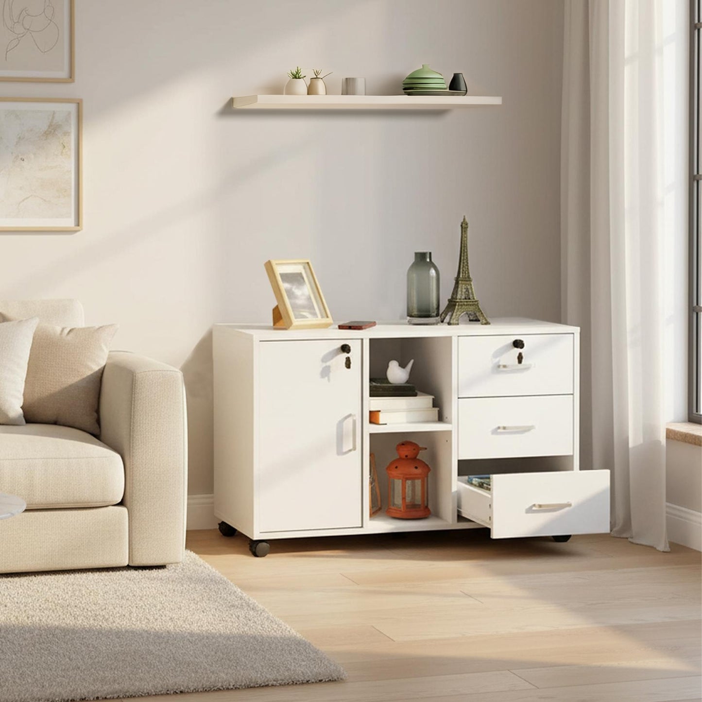 Armoire de bureau à roulettes verrouillable avec 3 tiroirs, rangement fermé et ouvert, idéale sous un bureau