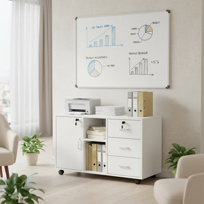 Armoire de bureau à roulettes verrouillable avec 3 tiroirs, rangement fermé et ouvert, idéale sous un bureau