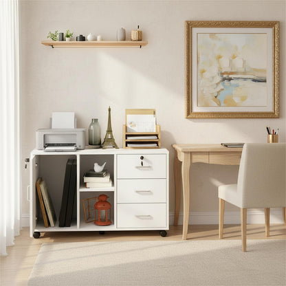 Armoire de bureau à roulettes verrouillable avec 3 tiroirs, rangement fermé et ouvert, idéale sous un bureau