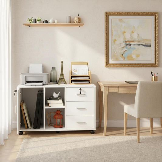 Armoire de bureau à roulettes verrouillable avec 3 tiroirs, rangement fermé et ouvert, idéale sous un bureau