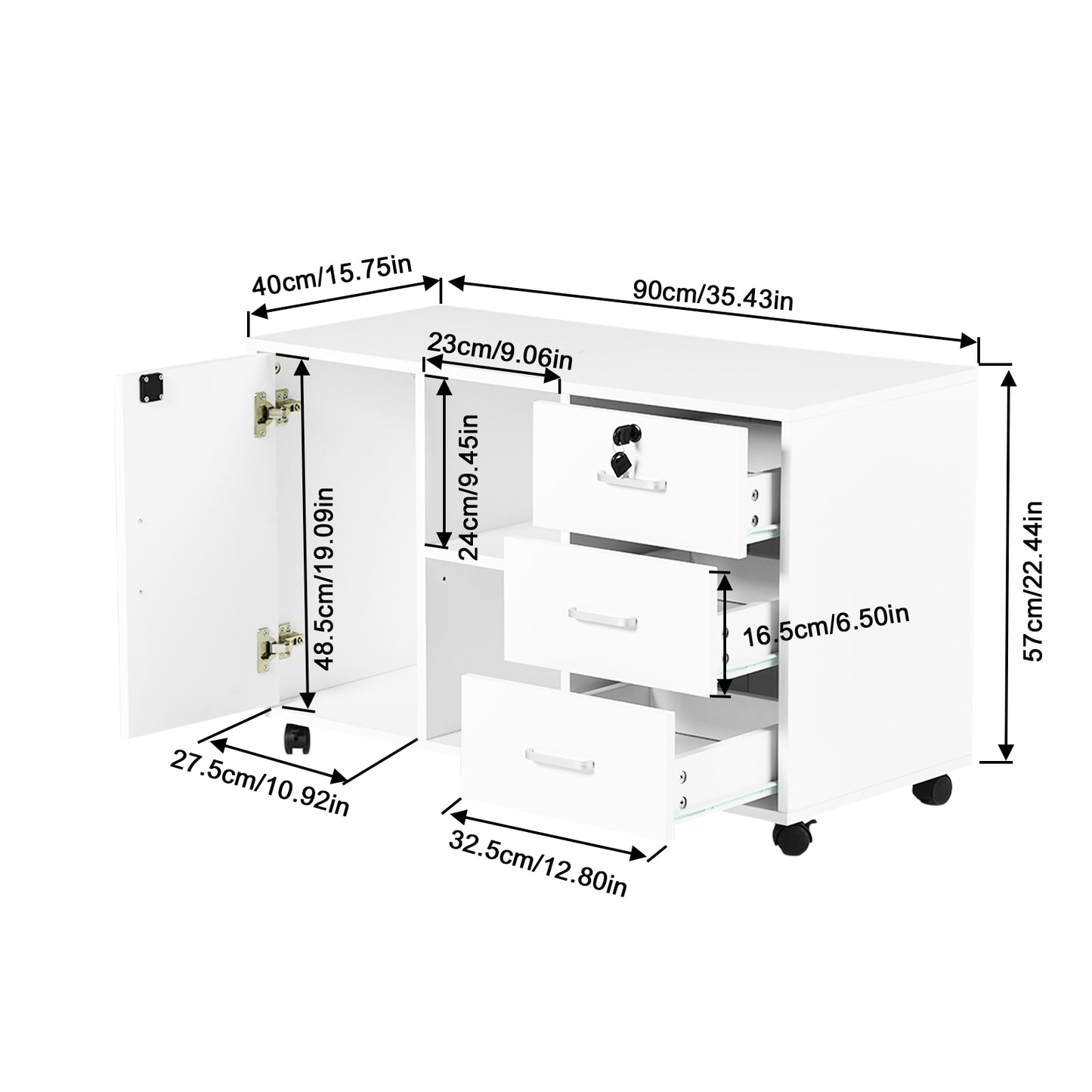 Armoire de bureau à roulettes verrouillable avec 3 tiroirs, rangement fermé et ouvert, idéale sous un bureau