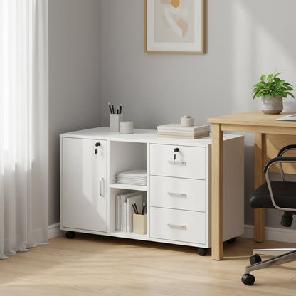 Armoire de bureau à roulettes verrouillable avec 3 tiroirs, rangement fermé et ouvert, idéale sous un bureau