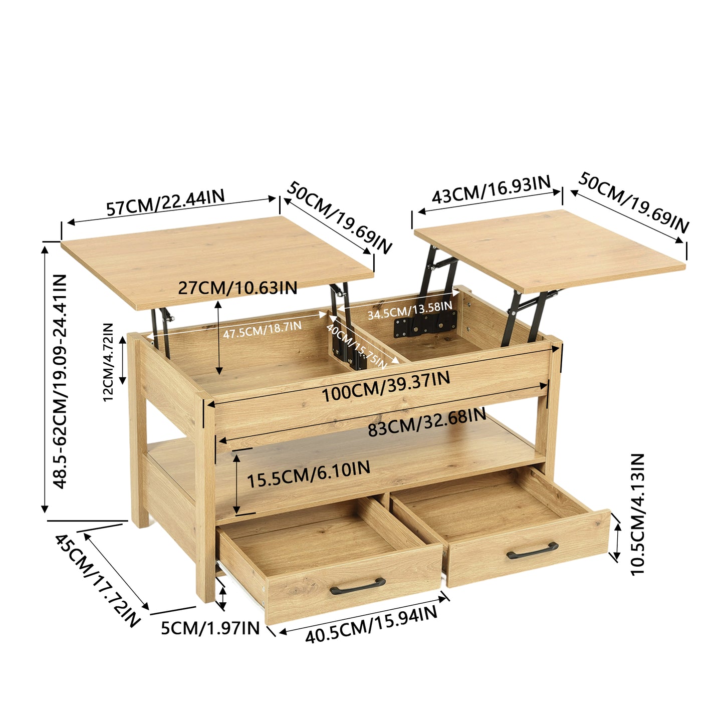 Table Basse Plateau relevable, Table de Salon rectangulaire avec tiroirs et Compartiment caché pour Salon, Bureau à Domicile, 100 x 50 x 48.5-62 cm, chêne