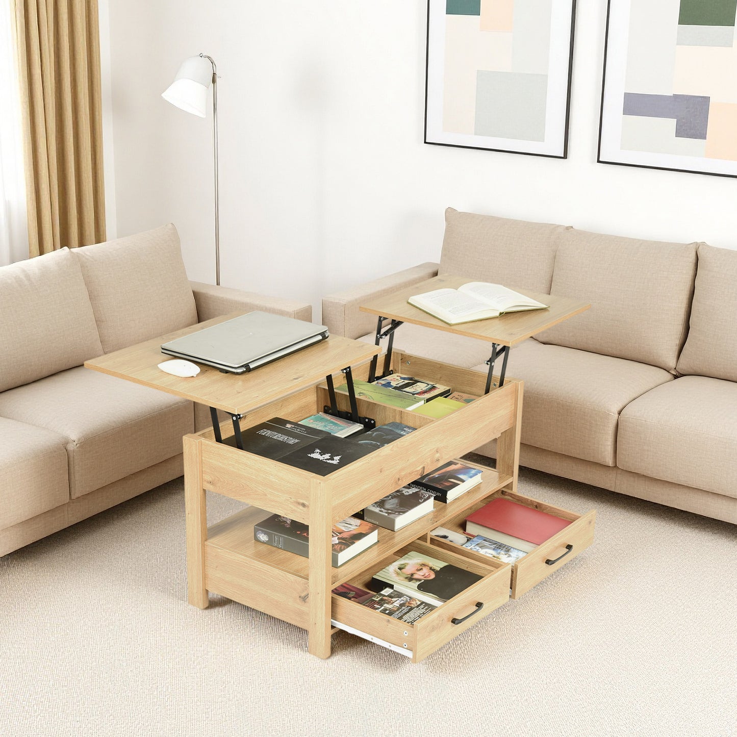 Table Basse Plateau relevable, Table de Salon rectangulaire avec tiroirs et Compartiment caché pour Salon, Bureau à Domicile, 100 x 50 x 48.5-62 cm, chêne