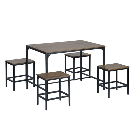 Ensemble de Salle à Manger pour 4 Personnes - Table et Chaises en Fer Tubulaire Noir avec Motif en Bois Foncé et Grain de Chêne Doré