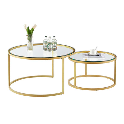 Tables Basses Gigognes Rondes Style Scandinave - Table de Salon - 80 x 45 cm et 60 x 35 cm - Plateau en Verre, Pieds en Métal Doré