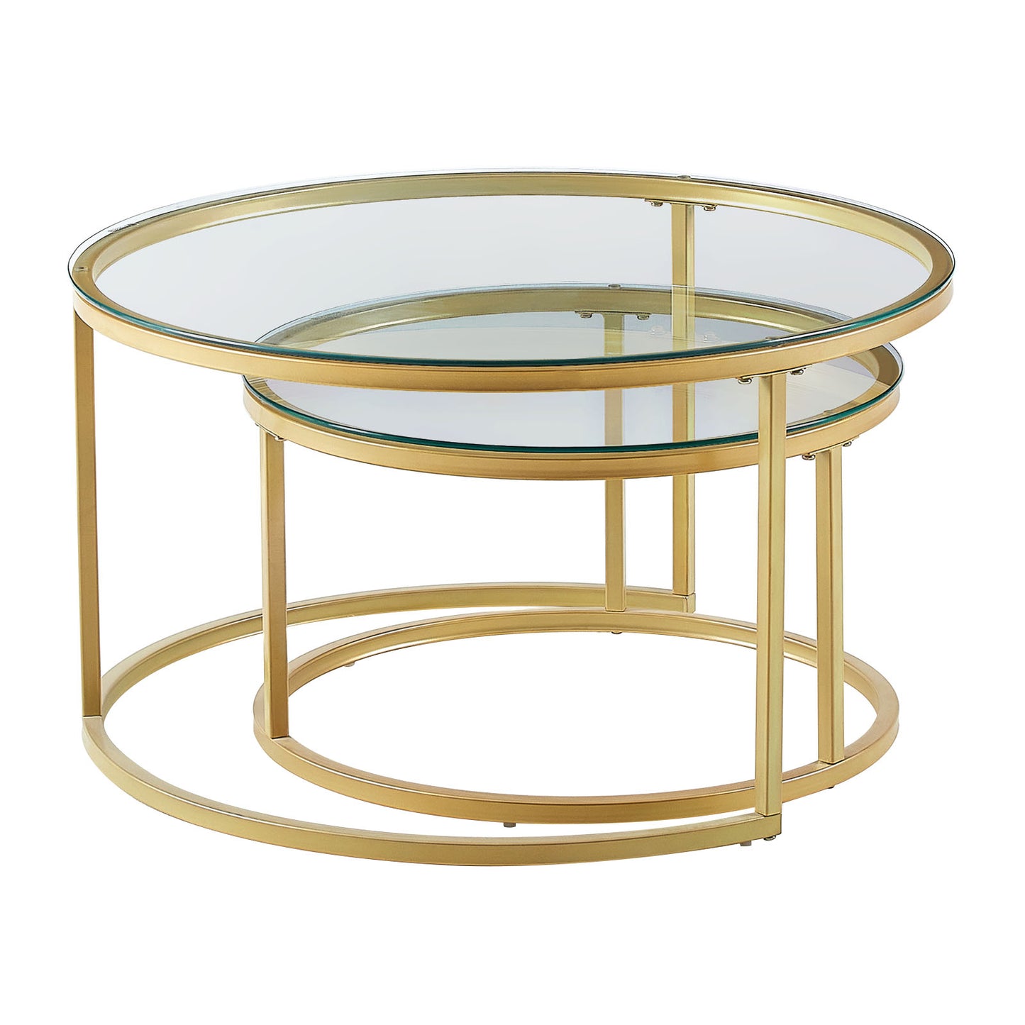 Tables Basses Gigognes Rondes Style Scandinave - Table de Salon - 80 x 45 cm et 60 x 35 cm - Plateau en Verre, Pieds en Métal Doré