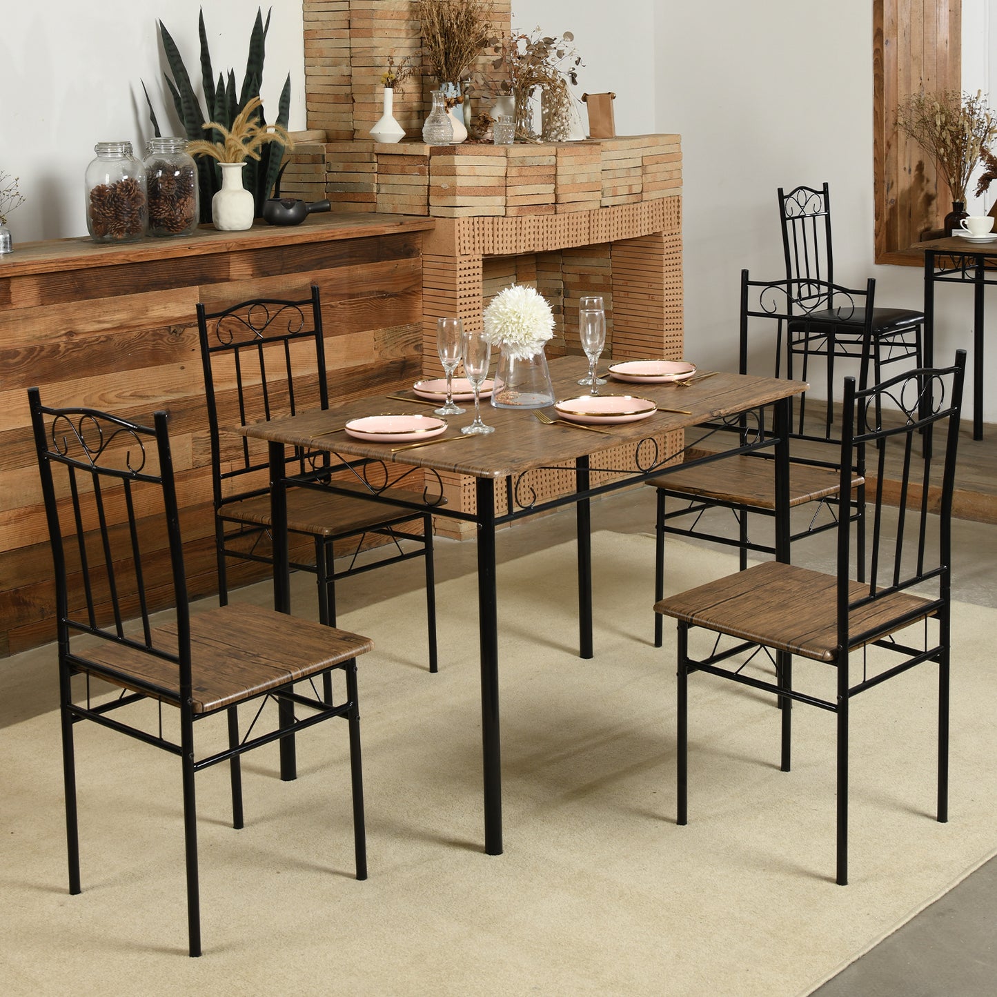 Ensemble de Table et Chaises - Table de Salle à Manger de 109x69x75cm avec 4 Chaises - Style Industriel