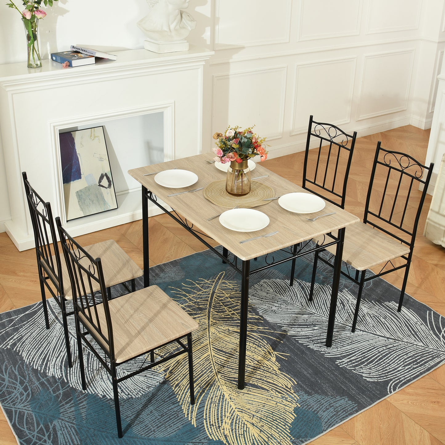 Ensemble table à manger 109x 69x 75 cm et 4 chaises-Hêtre clair et Noir-Style Industriel, pour Cuisine, Salle à Manger, Salon