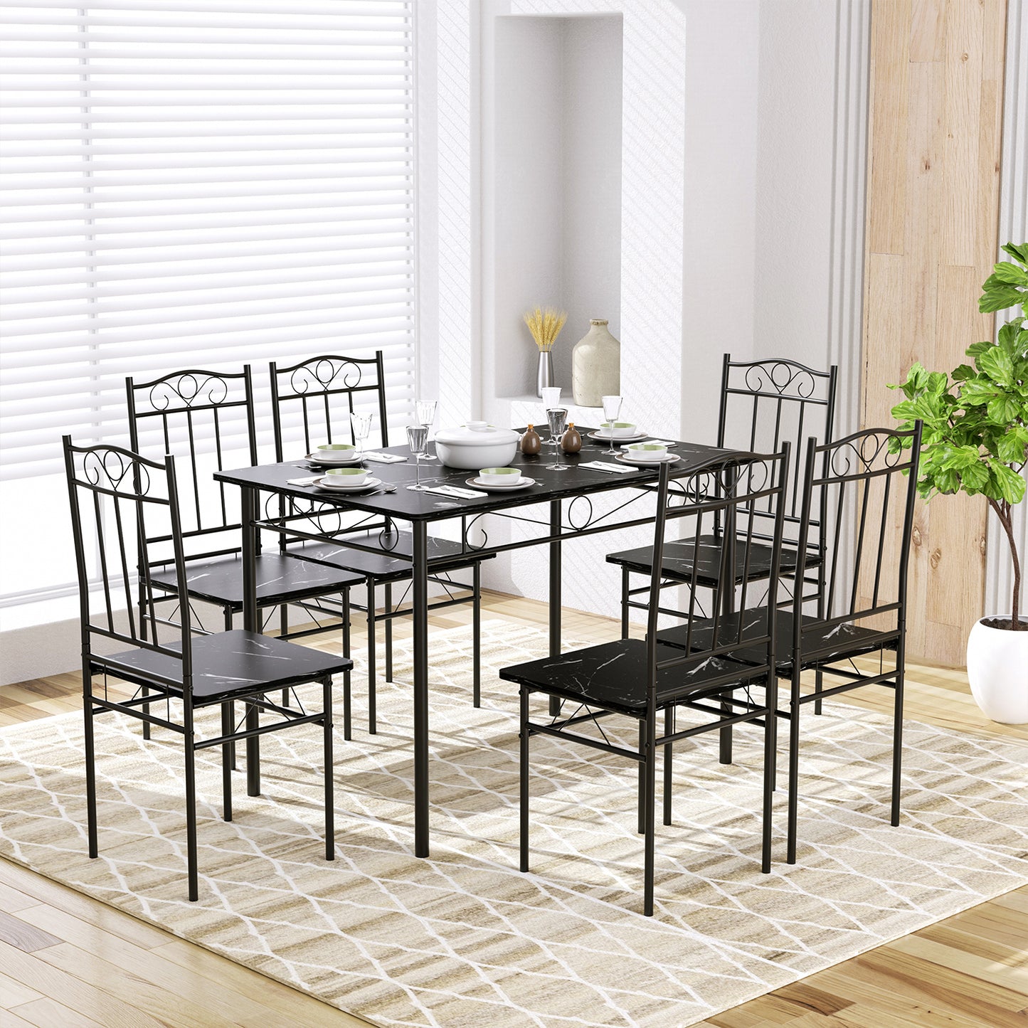 Ensemble table à manger 109x 69x 75 cm et 4 chaises - marbre noir et noir - style industriel pour cuisine, salle à manger, salon