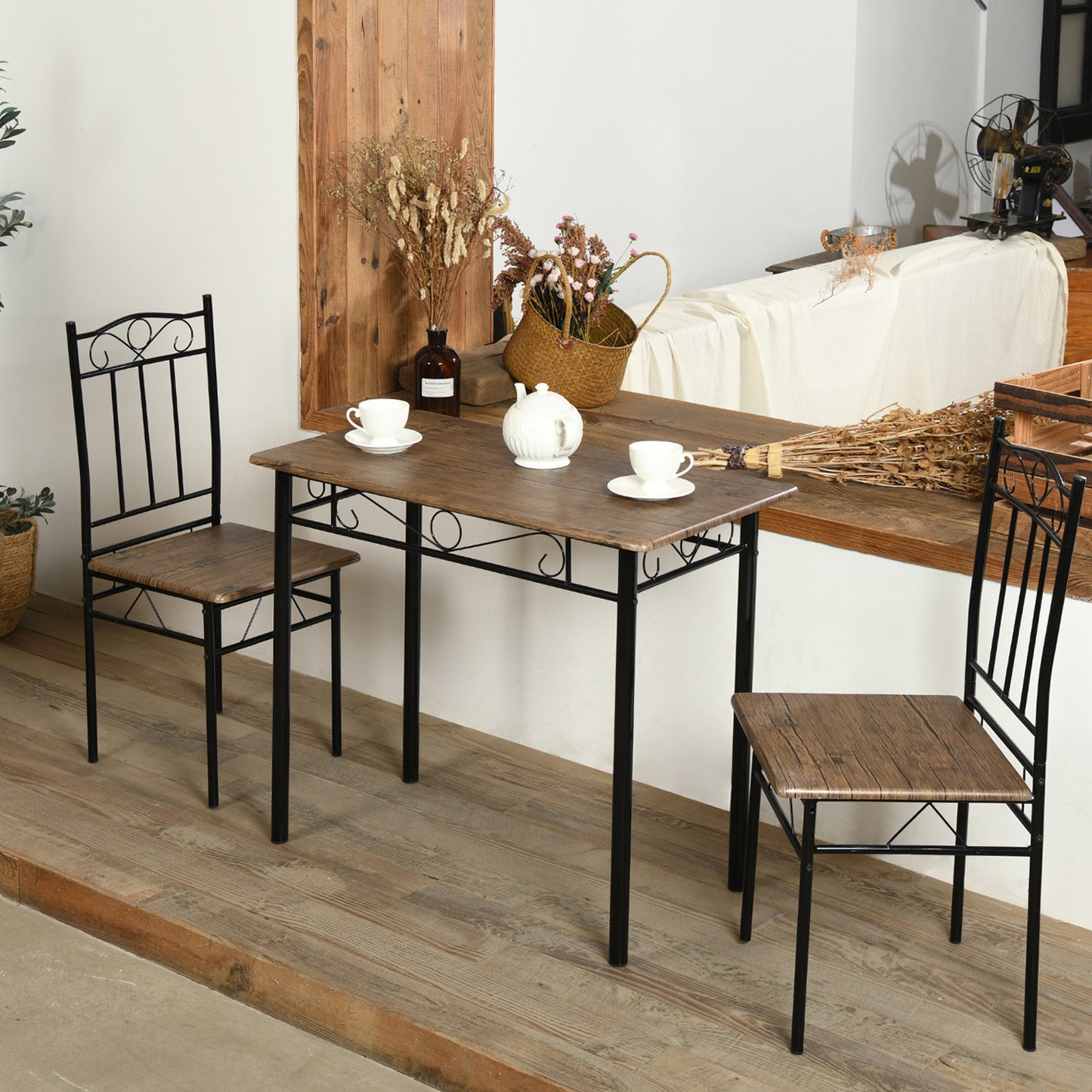 Ensemble table à manger 90x 48x 75 cm et 2 chaises - Marron rustique et noir - Style Industriel, pour Cuisine, Salle à Manger, Salon