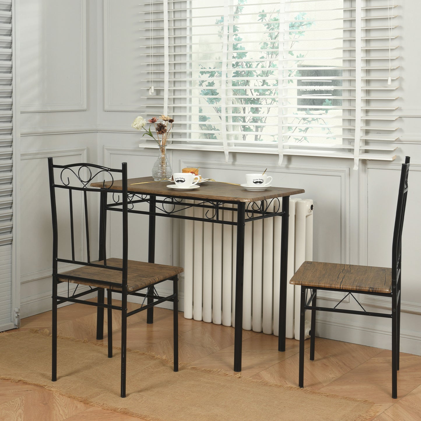 Ensemble table à manger 90x 48x 75 cm et 2 chaises - Marron rustique et noir - Style Industriel, pour Cuisine, Salle à Manger, Salon