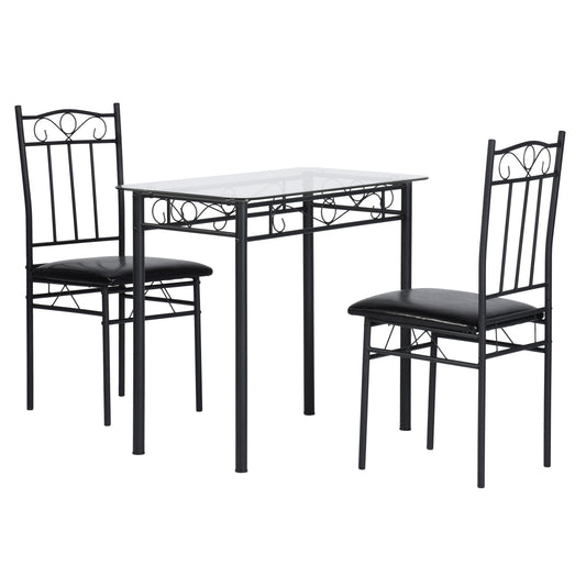 Ensemble table à manger  90x 48x 75 cm et 2 chaises - Plateau transparent et chaise noire- Style Industriel, pour Cuisine, Salle à Manger, Salon