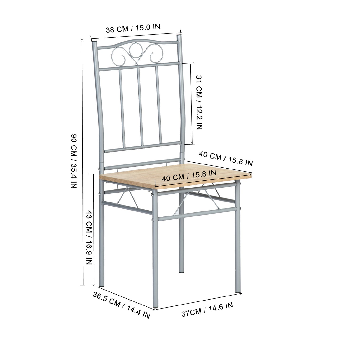 Ensemble table à manger 109x 69x 75 cm et 4 chaises - Panneau en bois, support en métal argenté- style industriel pour cuisine, salle à manger, salon