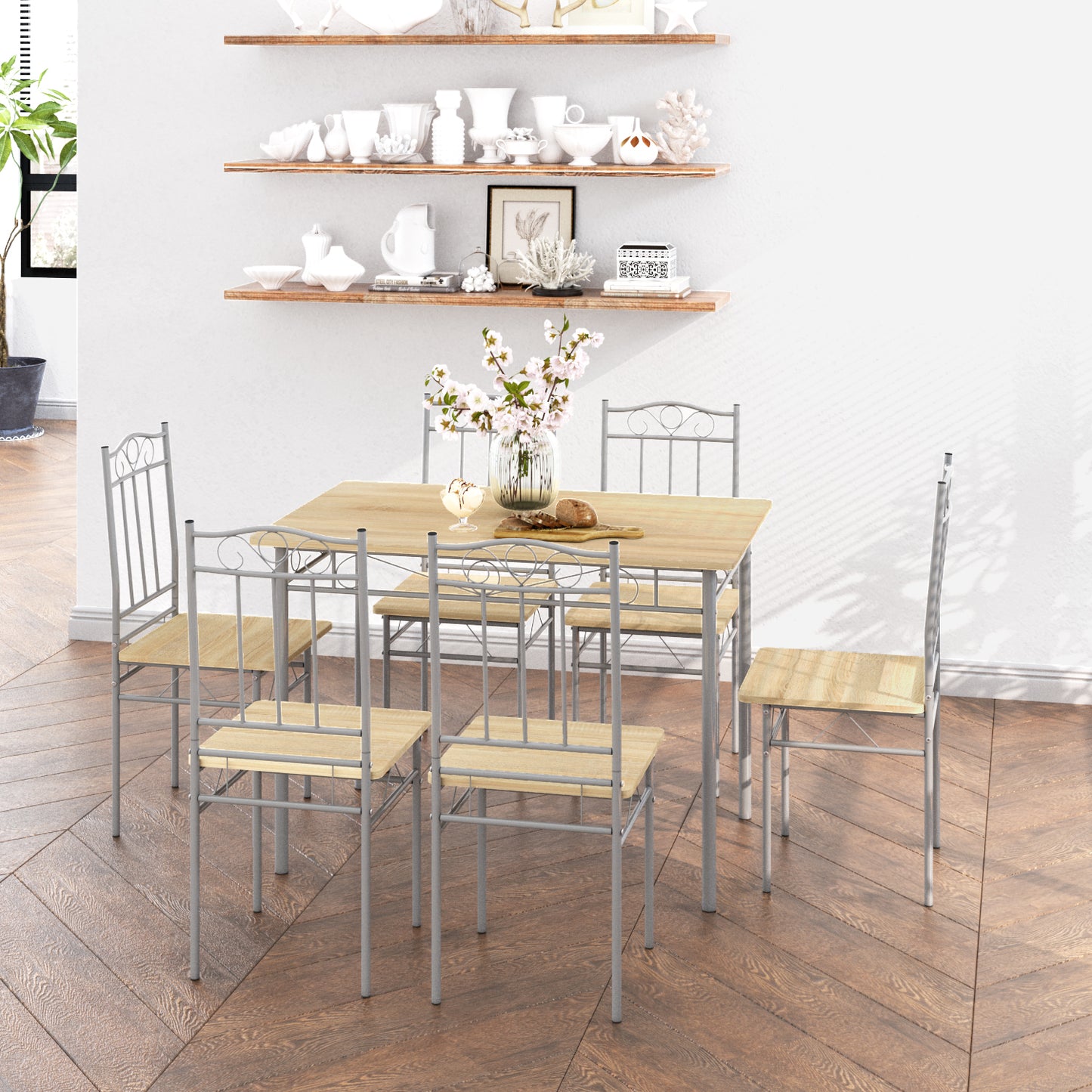 Ensemble table à manger 109x 69x 75 cm et 4 chaises - Panneau en bois, support en métal argenté- style industriel pour cuisine, salle à manger, salon
