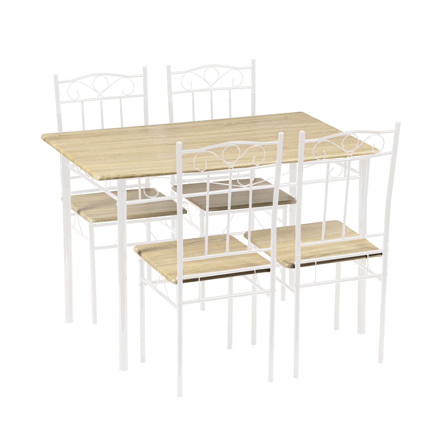 Ensemble table à manger 109x 69x 75 cm et 4 chaises - Hêtre clair et Blanc - Style Industriel, pour Cuisine, Salle à Manger, Salon