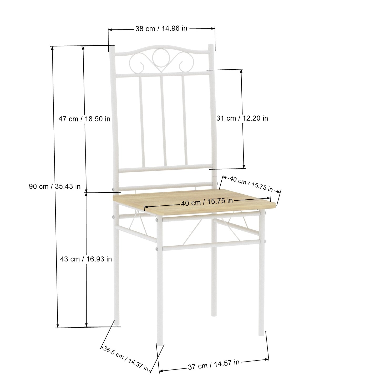 Lot de 4 chaises en hêtre clair avec pieds en fer blanc de style industriel, adaptées pour cuisine, salle à manger, salon