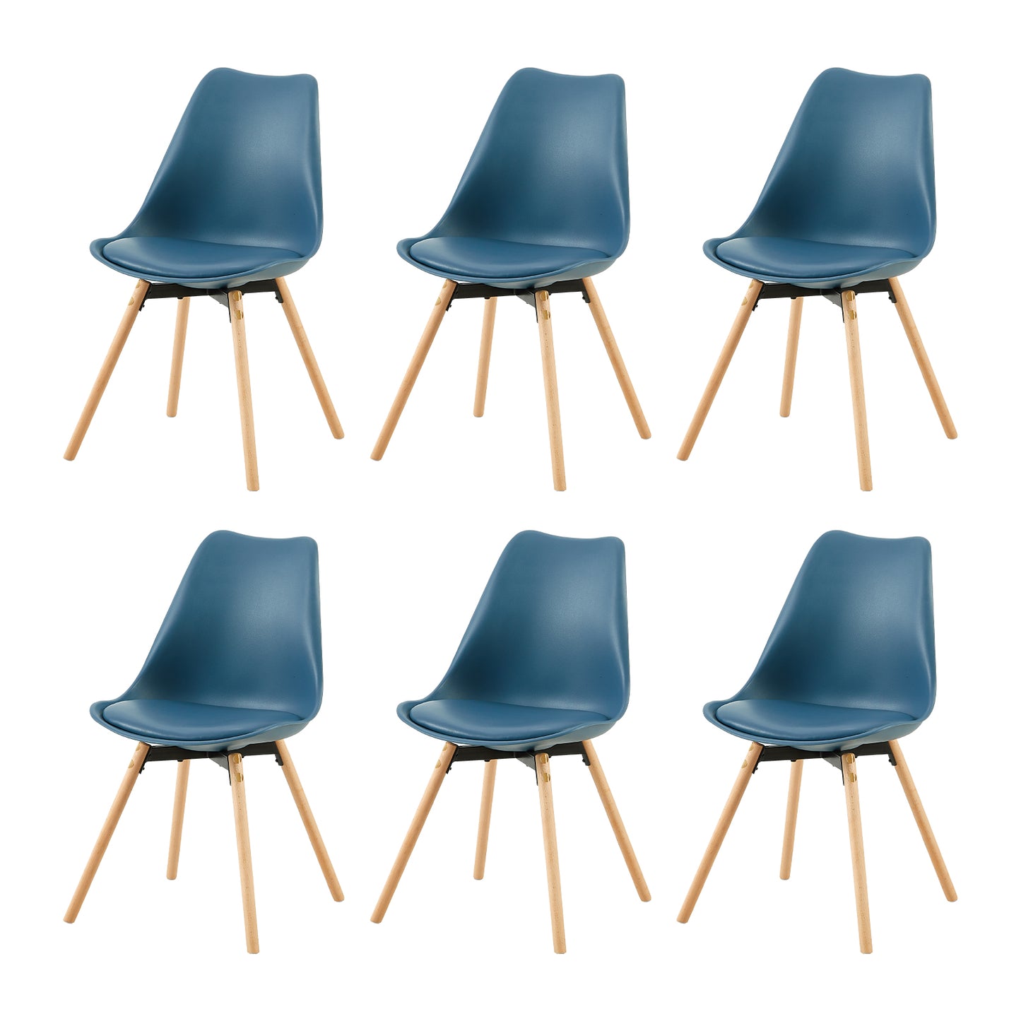 Lot de 6 chaises de salle à manger, rembourrées, pour cuisine, assise, dossier, salon, salle de conférence, en bois massif, bleu foncé
