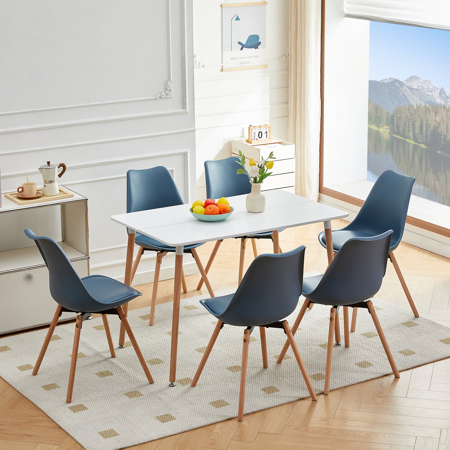 Lot de 6 chaises de salle à manger, rembourrées, pour cuisine, assise, dossier, salon, salle de conférence, en bois massif, bleu foncé