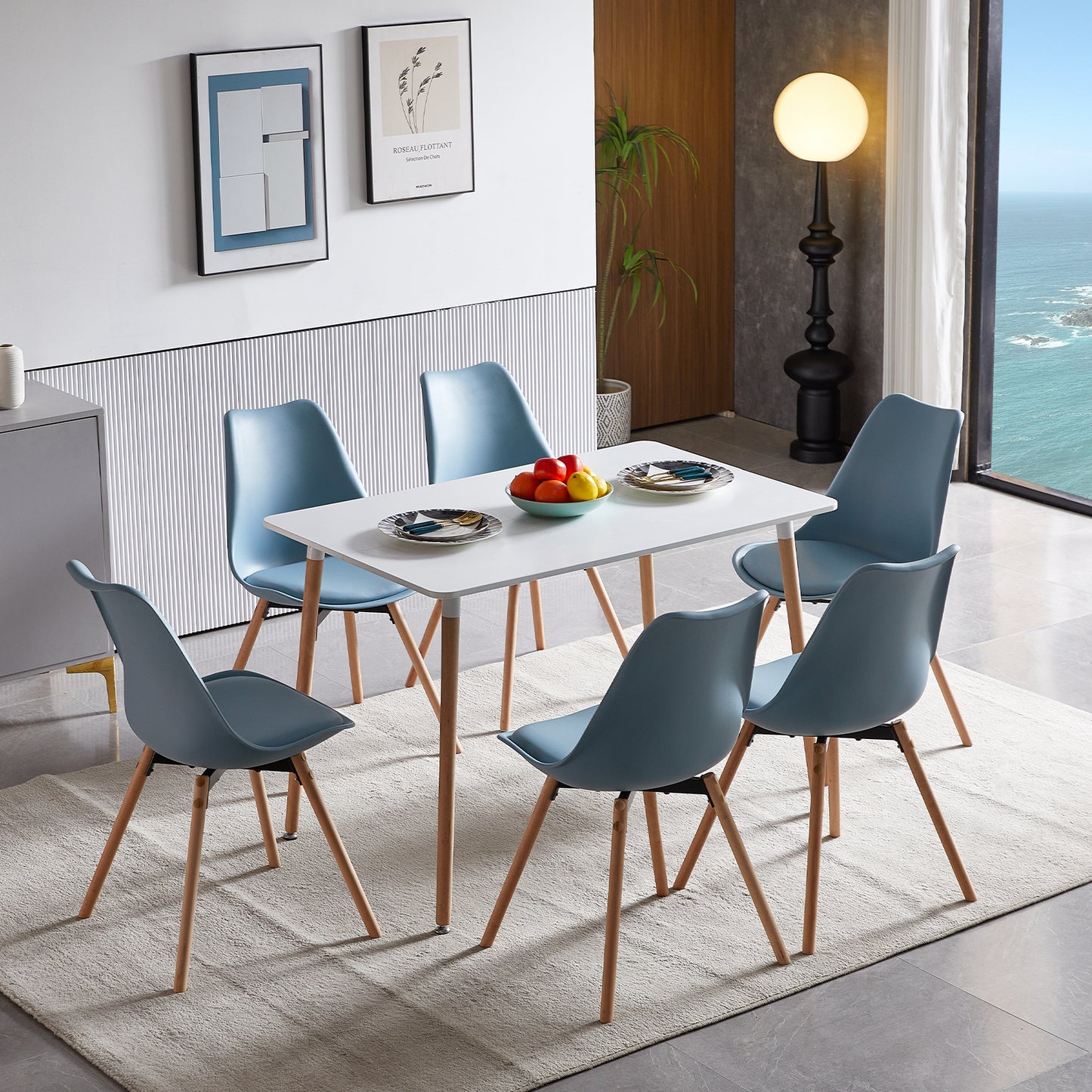 Lot de 6 chaises de Salle à Manger, rembourrées, pour Cuisine, Assise, Dossier, Salon, Salle de conférence, en Bois Massif, Bleu Clair